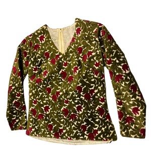 Vtg Herman Geist 50s Cream Green Red Tapestry V Neck Top Festive Party XS/S